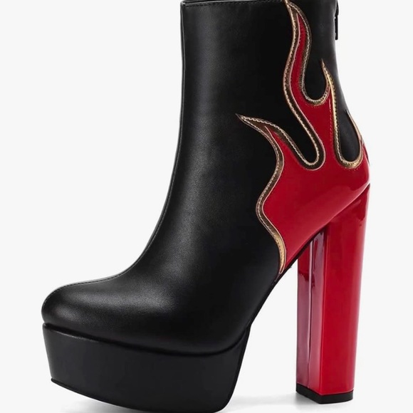 Black Patent Leather Flame Fire Platform chunky high heels Boots - Size 12 - Picture 2 of 3